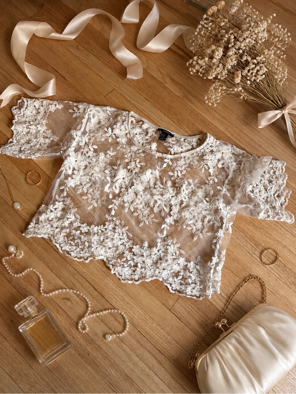 Forever 21 Ivory Floral Lace Crop Top